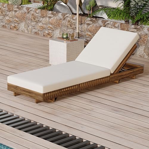 Christopher Knight Home Habery Acacia Wood Chaise Lounge with Cushion, Outdoor Sun Lounger with 6-Position Adjustable Backrest, 76.8'' Patio Recliner Chair for Poolside Backyard, Teak+Cream