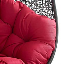 Modway Hide Wicker Rattan Outdoor Patio Porch Lounge Egg Swing Chair Set with Stand in Gray Red