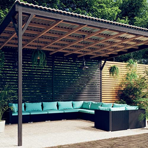 KLGBNCVE 10 Piece Modular Patio Lounge Set with Cushions, Black Poly Rattan Outdoor Seating with Powder-Coated Steel Frame