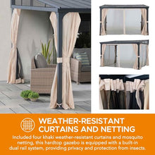 Sunjoy 12x14 ft Wall Mounted Gazebo with Powder Coated Steel Roof, Black Aluminum Frame, Curtains & Netting Black