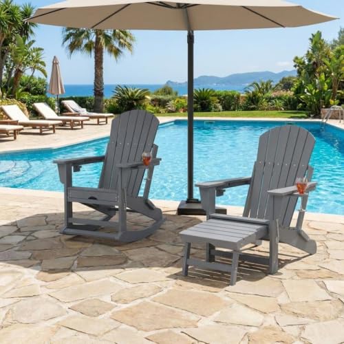 CABIHOME Set of 4 Comfortable Folding Adirondack Rocking Chairs, HDPE All-Weather Outdoor Seats with Two Cup Holders, Perfect for Patio, Porch & Garden