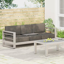 roomfitters Modern 3-Seater Outdoor Sofa with Aluminum Frame, Water-Resistant Cushions, Tray Insert for Versatile Seating, Durable Patio Sofa for Garden or Patio Use, Khaki