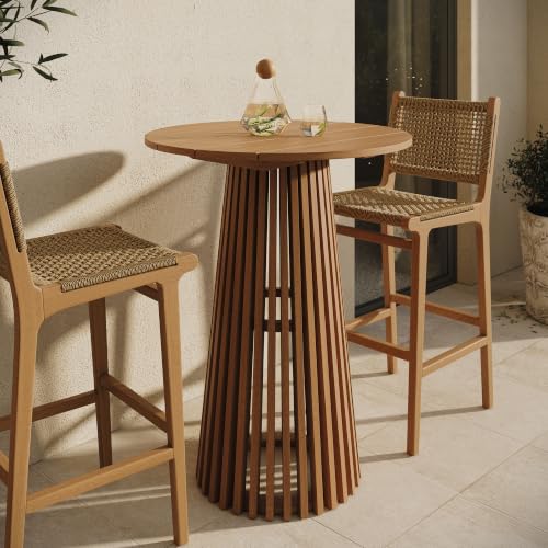 Modway Lane 31 Inch Teak Wood Outdoor Bar Table for 2-3 in Natural – Slatted Round Patio Bistro Table with Pedestal Base for Patio, Balcony, Deck, Backyard, Terrace Or Sunroom
