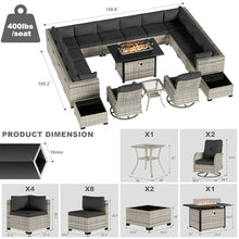 18-Piece Patio Furniture Set, Outdoor Patio Furniture with 55,000 BTU Fire Pit Table, Swivel Chairs Set, Thick Cushions, Modular Patio Sofa, Dual-Strand Wicker Rattan, Rust-Resistant Frame,Black