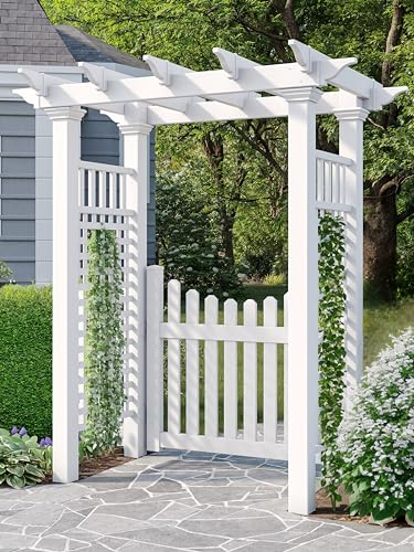 VITA Fairfield Garden Arbor with 43 in. Cottage Picket Gate, White Vinyl Outdoor Garden Arch with Classic Lattice Panels for Climbing Plants, Roses & Vines, Arbor Trellis, VA84260