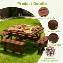 Hassyee Outdoor Picnic Table and Build-in Benches Set with Umbrella Hole for Poolside, Garden, Park, Wooden Furniture Set with Slatted Design and Metal Frame for Backyard, Deck (Square Table -Brown)