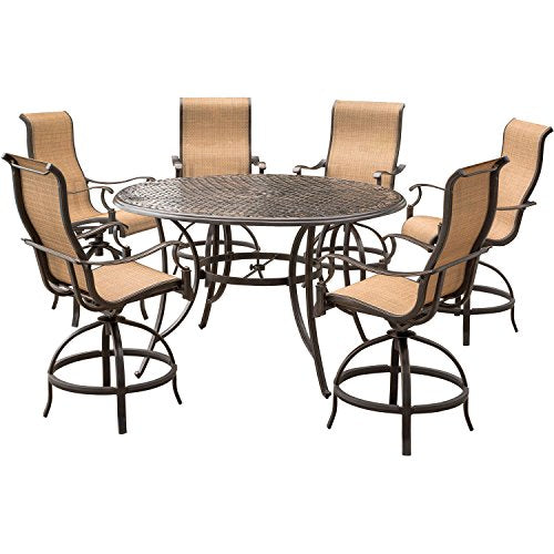 Hanover Manor 7-Piece Outdoor Dining Set with Swivel Chairs and Round Table Tan