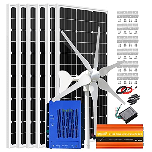 Giosolar 1000W Wind Turbine Generator Kit with 3000W Inverter: 6X 100 Watts Solar Panel + 400W Windmill + 60A MPPT Charge Controller + Z Brackets + Cable Connectors