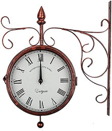 Retro Wrought Iron Wall Clock, Outdoor Garden Double-Sided Wall Clock with Metal Bracket, Easy to Read Roman Numerals, Indoor Living Room Wall Courtyard Decoration