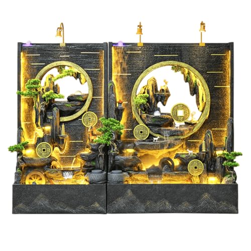 Elegant Zen Landscape Waterfall Fountain with LED Lighting and Artificial Greenery – Indoor and Outdoor Feng Shui Water Feature for Home and Garden Décor(#2713+2717)