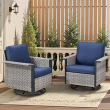 Seeheool Outdoor Swivel Rocking Gray Wicker Chairs Set of 2, Wide Armrest Patio Glider Chairs with Blue Cushions for Porch or Deck