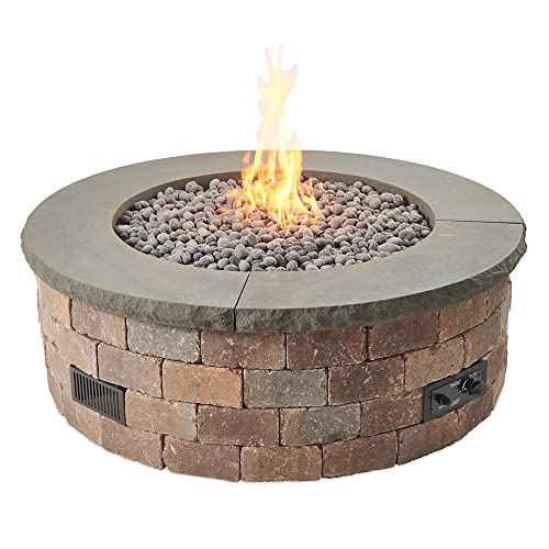 The Outdoor GreatRoom Company DIY Bronson Block Round Gas Fire Pit Kit with Battery Powered Spark Ignition, Propane or Natural Gas, Charcoal Grey Top 4-Piece Set, 51.25-Inch