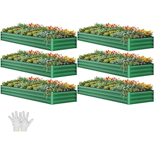 YITAHOME 6pcs 12x4x1 ft Galvanized Raised Garden Bed Kit, Large Metal Planter Box with Gloves, Safety Rubber & Support Rod, Outdoor Flower Bed for Plants Vegetables, Black