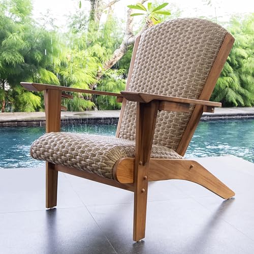 Cambridge Casual Teak Camden Outdoor Adirondack Chair with Padded Woven Seat, Free Patio Cover, Beige All-Weather Wicker & Solid Teak Wood Frame, Quick-Dry Foam Adirondack Chair for Patio