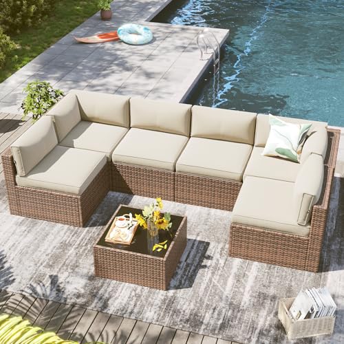 LazySunsets 7 Piece Outdoor Patio Furniture Set with Coffee Table, Outdoor Patio Furniture Sets with Thicken Cushion, Wicker Rattan Outdoor Conversation Set for Backyard & Garden, Beige