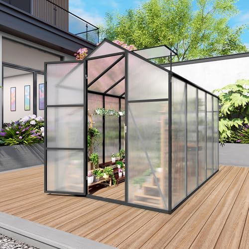 6x14FT Polycarbonate Greenhouse Kit, Aluminum Frame Walk in Garden Greenhouse with Vent Windows & Rain Gutter, UV Resistant Plant Nursery House for Backyard Patio Plant Growing Shelter Large