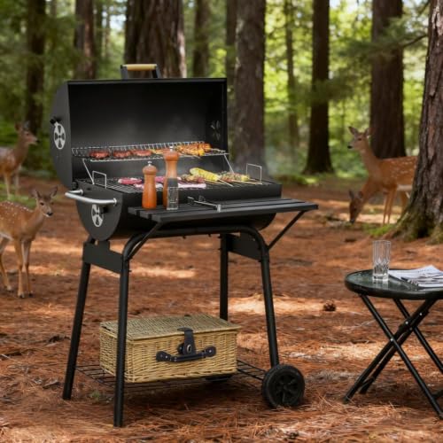 Portable Charcoal Grill with Warming Grate, 4-Level Adjustable Compact BBQ Rack, Outdoor Cooking Grill with Wheels & Bottom Storage Rack, Perfect for Backyard Patio Camping Tailgating (Black)