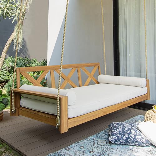 Cambridge Casual Logan Teak Wood 6 FT Porch Swing Bed, Upgraded Patio Porch Swing Daybed with Thick Cushion Support, 750 LB Weight Capacity, Teak Porch Daybed Swing for Garden, Backyard, Porch