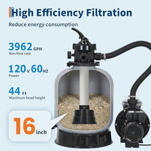 16" Sand Filter Pump for Above Ground Pool with Timer, 1HP 3962GPH Swimming Pool Pump & Sand Filter System with 7-Way Valve & Strainer Basket, Pool Pumps Above Ground, Grey
