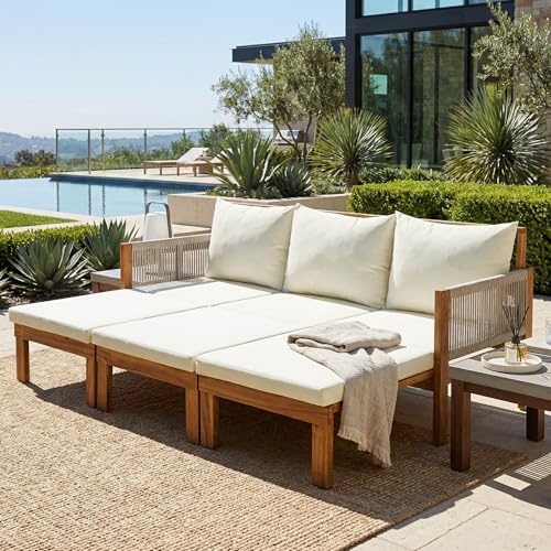 Merax Outdoor Daybed, 3 Seat Patio Sofa Bed with Waterproof Cushions, Pull-Out Mechanism & Rope-Woven Armrests, for Garden, Balcony, Poolside, Beige