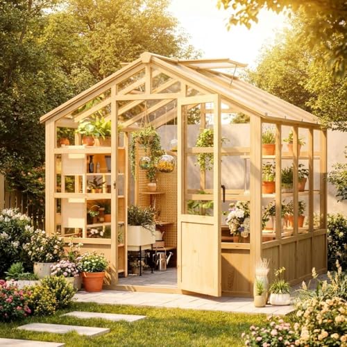 Large Wood Greenhouse, Heavy Duty Walk-in Green House with 6mm Thick Polycarbonate Panels and Adjustable Roof Vents, Lockable Door for Outdoor Garden Backyard