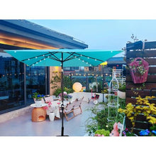 Square 2.5X2.5M Outdoor Patio Umbrella Solar Powered LED Lighted Sun Shade Market Waterproof 8 Ribs with Crank and Cross Base for Garden Deck Backyard Outside Swimming Pool