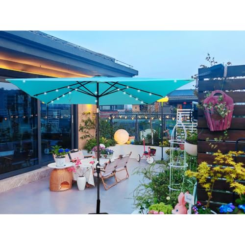 Square 2.5X2.5M Outdoor Patio Umbrella Solar Powered LED Lighted Sun Shade Market Waterproof 8 Ribs with Crank and Cross Base for Garden Deck Backyard Outside Swimming Pool