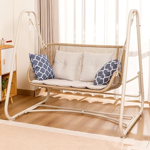Indoor Outdoor Cloud Swing Chair with Stand, Patio Wicker Glider Loveseat Hanging Swinging with Cushion and Pillows Included, for Patio Balcony Backyard(2-Seater)