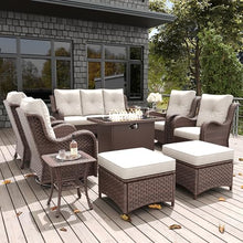 LayinSun 10-Piece Outdoor Patio Furniture Set with Fire Pit Table, Rattan Wicker Chairs, Ottomans, and Coffee Table Brown/Beige