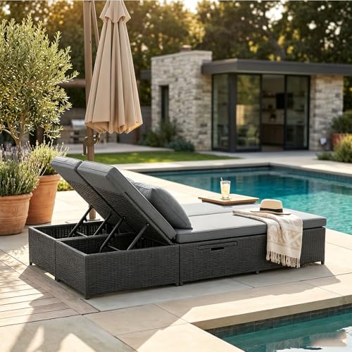 2 Person Reclining Chair Set with Cup Holders Outdoor Wicker Rattan Double Sunbed with 5 Position Adjustable Backrest and Seat Conversational Set for Patio Poolside, Gray