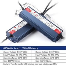 Waterproof Lighting Transformer Outdoor AC100V-277V to DC12V 24V 600W 500W 400W 300W 200W 100W LED Switching Power Adapter(600W (AC175V-277V),DC 12V)