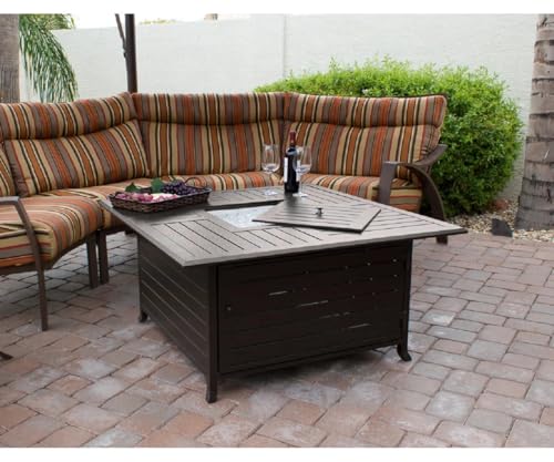 PrimeGlo 45'' Square Propane Fire Pit Table, Hammered Bronze Finish, Extruded Aluminum, Stainless Steel Burner, with Glass, Regulator, Hose, and Burner Lid