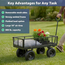 Heavy-Duty 800 lb. Steel Garden Utility Cart - Black Mesh Wagon with Removable Sides, Flatbed Conversion, 42.5" x 21" Platform, 10" Pneumatic Wheels for Landscaping, Yard, Farm, and Commercial Use