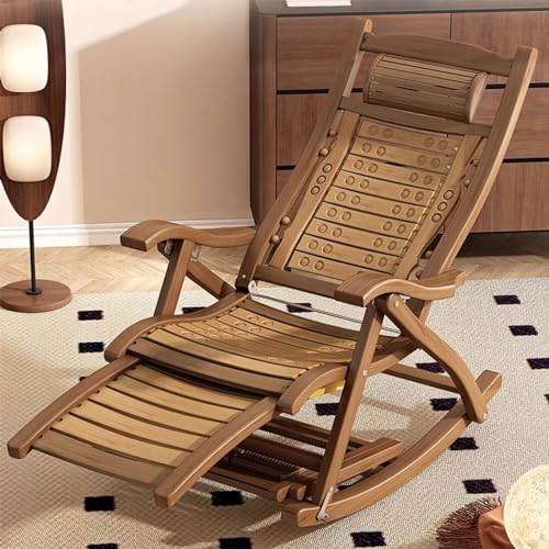 MHJKHG Folding Rocking Chair, Bamboo Rocker Chair with Massage Footrest, Garden Recliner with High Backrest, 5 Reclining Positions, Leisure Armchair, Lounge Chair, Load-Bearing