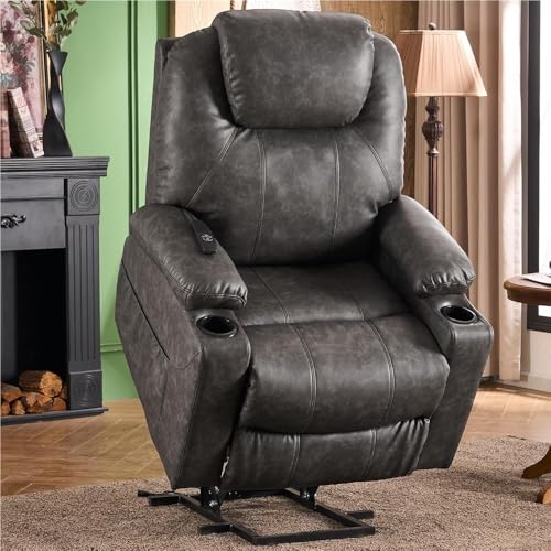 HTERWQEA Electric Power Lift Recliner Chair for Elderly with Massage and Heat, PU Faux Leather Grey Living Room Recliner with USB Ports and Cup Holders, Living Room Small Reclining Sofa
