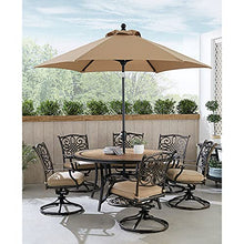 Hanover Monaco 7-Piece Outdoor Patio Dining Set with 6 Cushioned Swivel Rocker Chairs, 60" Round Table, Umbrella & Base, Tan