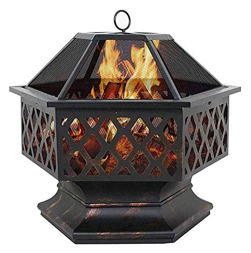 SLGGPJBU Outdoor Fire Pit Outdoor Fire Pits Portable Metal Fire Pit Hexagon Design Fireplace Stove, with Mesh Screen Cover Fireplace Stove Wood Burning