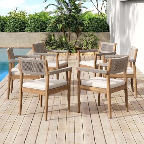 callmego Natural Acacia Wood Outdoor Dining Chair – Rustic Teak-Look Patio Seating with Woven Rope Backrest and Weather-Resistant Finish (Cream + Teak+ Beige + Acacia Wood + Fabric + Rope-1)