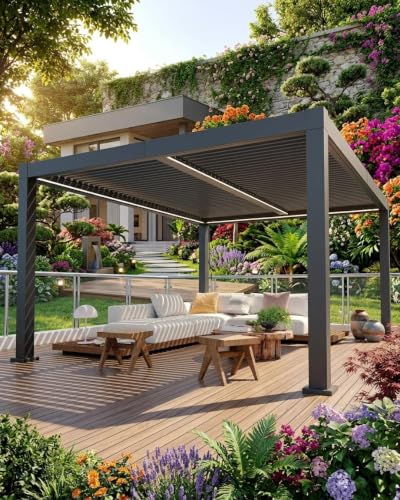 Garvee Aluminum Louvered Pergola, Outdoor Patio Pergola with Adjustable 0°-90° Roof, Integrated Drainage, Reinforced Heavy-Duty Frame, Modern Hardtop Gazebo for Deck, Backyard, Garden