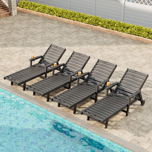 Garvee Lounge Chair Outdoor Set of 4 with Wheels & 5-Position Adjustable Backrest, Oversized Chaise Lounge with 2 Move Handle, HDPE Lounge Chair w/Detachable Cup Holder, for Patio, Pool,Dark Gray