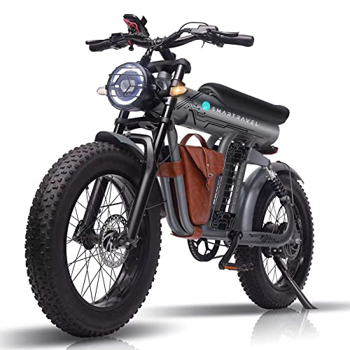SMARTRAVEL Electric Bike with 1200W Brushless Motor, 32MPH, 20Ah Removable Battery, 20" Fat Tire, Front/Rear Turn Signals, Travel Bag, Matte Black