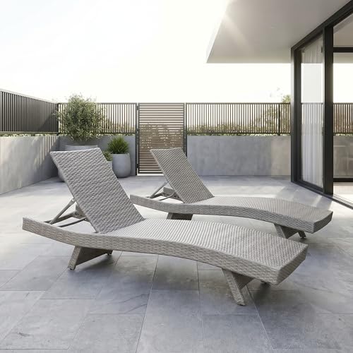 Lexicon Wicker Outdoor Lounge Chairs Set of 2 - Outdoor Lounger, Aluminium Frame, 3 Position Adjustable Backrest Patio Chaise Lounger for Garden, Backyard, Patio Poolside Lawn, Gray