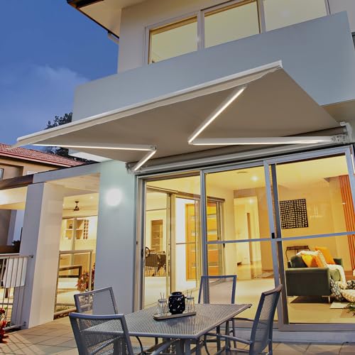 Diensweek 12'x10' Patio Awning Retractable, Fully Assembled Motorized LED Light Awnings Electric Commercial Grade - Quality 100% Dope-Dyed Acrylic Window Door Sunshade Shelter - Deck Canopy Balcony