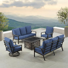 Oakland Living Black Aluminum Patio Fire Table Set with Two Deep Seating Sofa with Cushions and Two Club Chairs with Blue Cushions