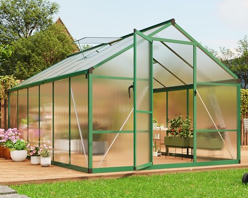 8 x 12 ft Greenhouse, Greenhouses for Outside, Polycarbonate Greenhouse with Aluminum Frame, Lockable Door and Ajustable Roof Vent for Backyard, Green Houses for Outside Garden Backyard, Patio