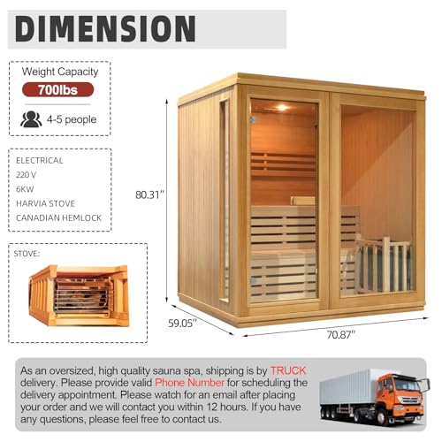 amocane Traditional Steam Sauna with WiFi Control, 4-6 Person Luxurious Indoor Sauna with 6KW Harvia Stove Heater, Canadian Hemlock Wood Sauna Room for Steam Wet Home Saunas Spa, Wooden Bucket, 220V