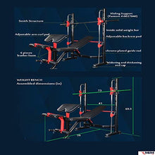 MiM USA Adjustable Olympic Weight Bench Press Set with Leg Extension, Preacher Curl, Squat Rack w/Smith Structure - Black Red