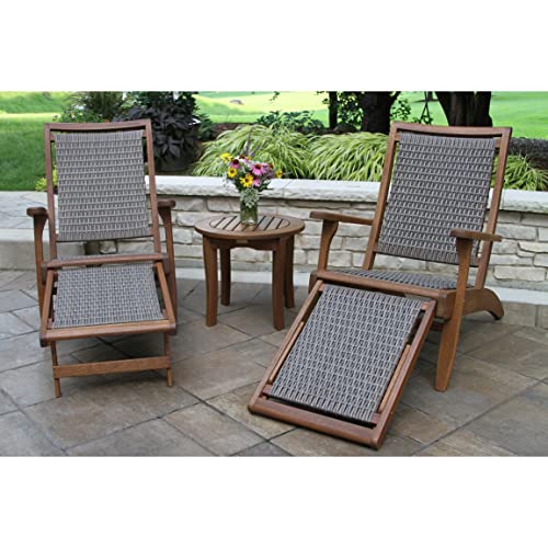 3 Pc. Eucalyptus Wicker Lounger Set with Ottoman and Round End Table Brown Classic Stained Side