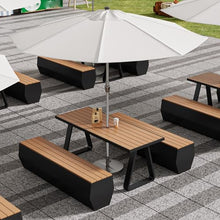 MJJRWF Outdoor Table and Chair Set with Sun Umbrella, WPC Table with 2 Benches for Coffee Shop/Restaurant/Backyard – Family Dining Patio Furniture(Black,120x70x75cm)