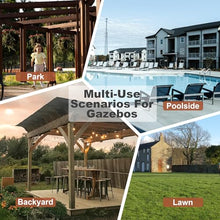 Roomfitters 13x6.5 FT Wooden Pergola Grill Gazebo, Outdoor Patio Canopy with Metal Roof and Bar Counters, Brown